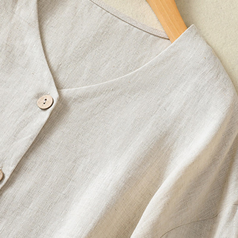 Buddha Stones Casual Spring Plain Buttons Design V-Neck Long Sleeve Women's Cotton Linen Shirt - image 4