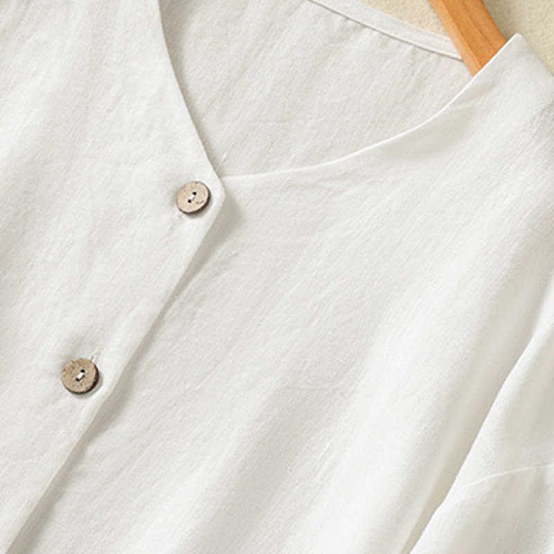 Buddha Stones Casual Spring Plain Buttons Design V-Neck Long Sleeve Women's Cotton Linen Shirt - image 13