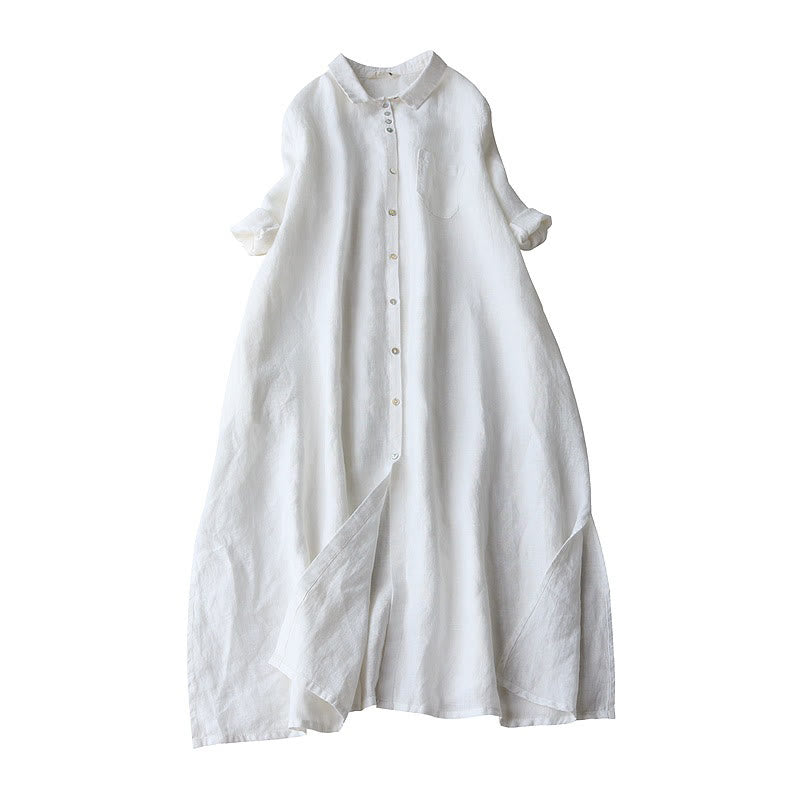 Buddha Stones Buttons Design Lapel Three Quarter Sleeve Cotton Linen Midi Dress With Pockets - White - US8-10,UK/AU12-14,EU40-42 (2XL) - image 6