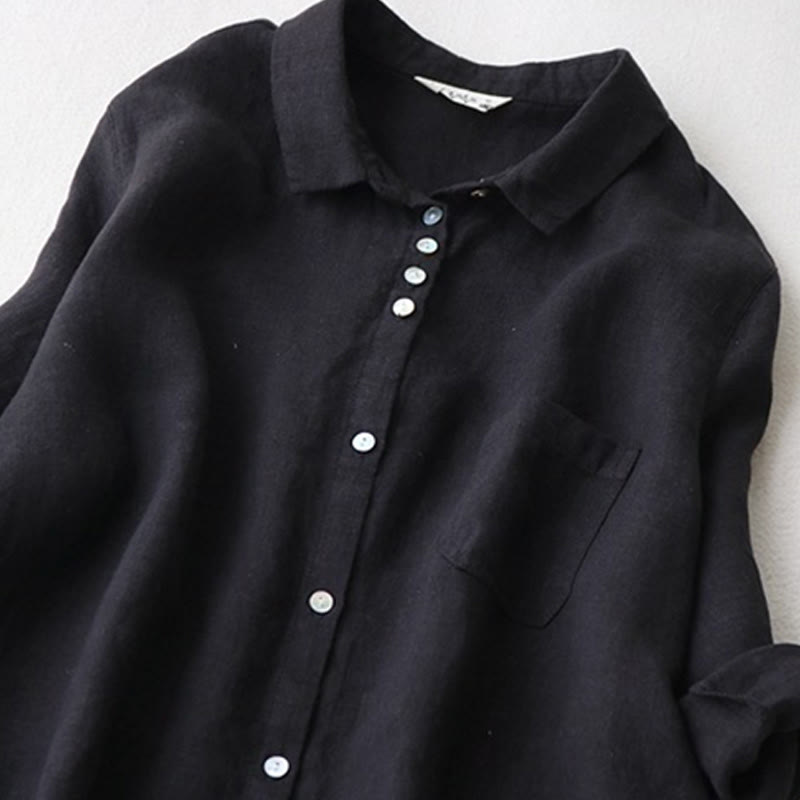 Buddha Stones Buttons Design Lapel Three Quarter Sleeve Cotton Linen Midi Dress With Pockets - image 3