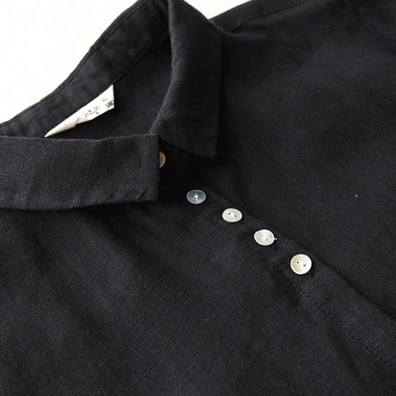 Buddha Stones Buttons Design Lapel Three Quarter Sleeve Cotton Linen Midi Dress With Pockets - image 4