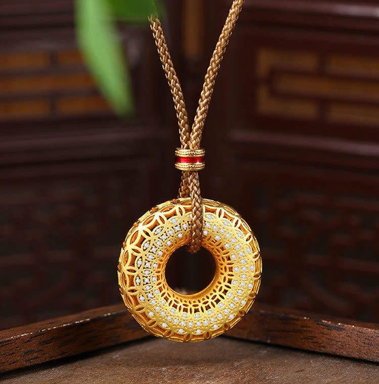 Buddha Stones Copper Coin Pattern Peace Buckle Copper Auspicious Necklace Pendant - Copper Plated 24K Gold & Rope - image 1