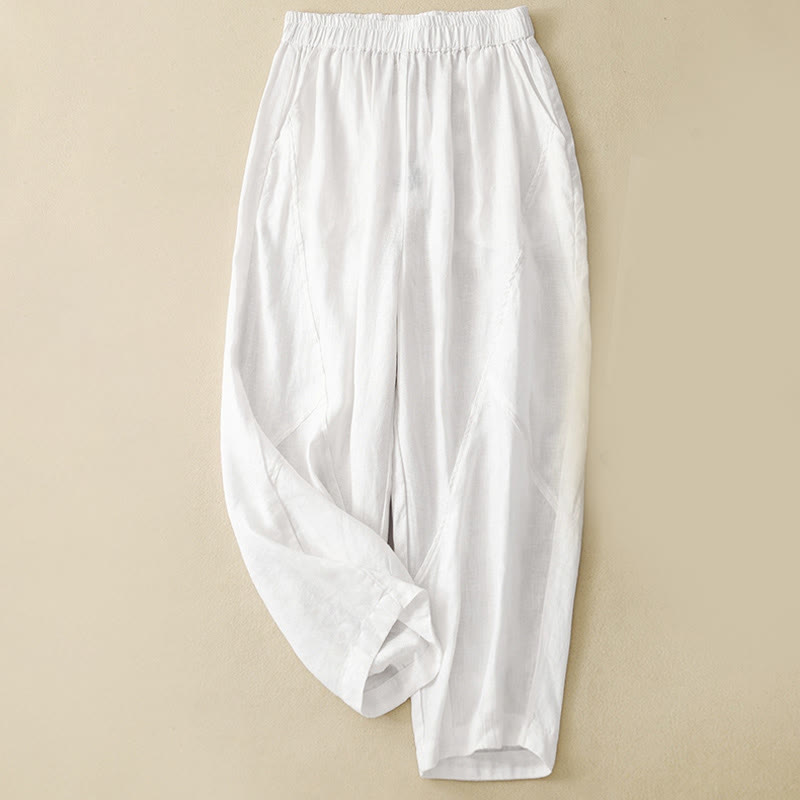 Buddha Stones Casual Plain Cropped Pants Women's Linen Harem Pants With Pockets - White - US8-10,UK/AU12-14,EU40-42 (2XL) - image 5