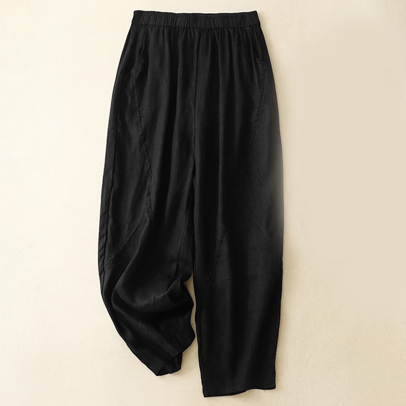 Buddha Stones Casual Plain Cropped Pants Women's Linen Harem Pants With Pockets - Black - US8-10,UK/AU12-14,EU40-42 (2XL) - image 10