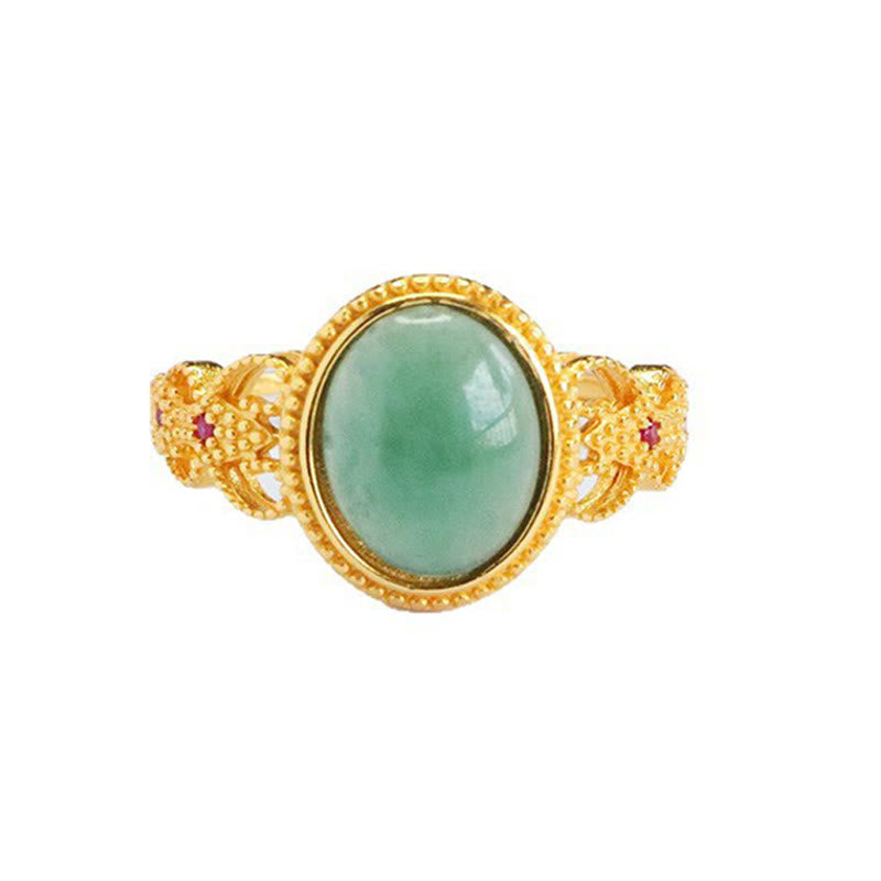 Buddha Stones Natural 925 Sterling Silver Plated Gold Hollow Design Jade Luck Ring - image 13
