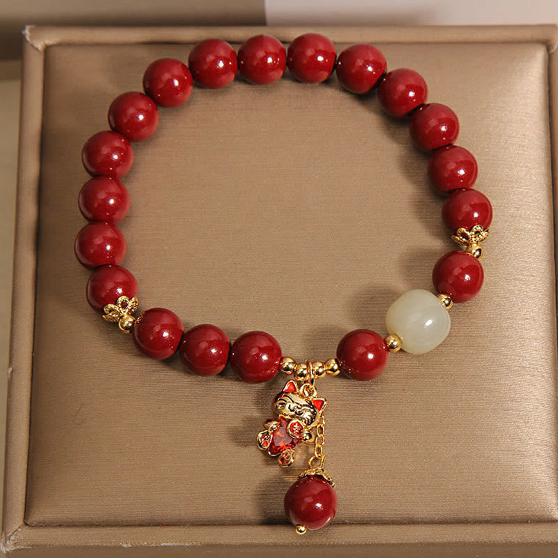 Buddha Stones Natural Lucky Cat Pendant Cinnabar Blessing Bracelet - image 8