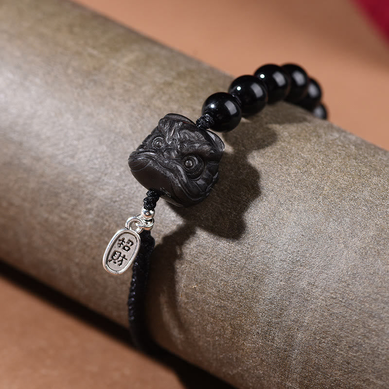 Buddha Stones Black Obsidian Silver Sheen Obsidian Cute Cat Dancing Lion Strength Bracelet - image 8