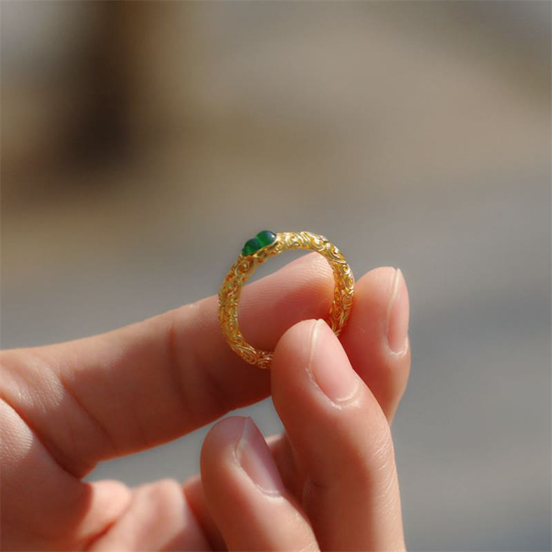 Buddha Stones Vintage Gourd Green Chalcedony Copper Alloy Wealth Ring - image 12