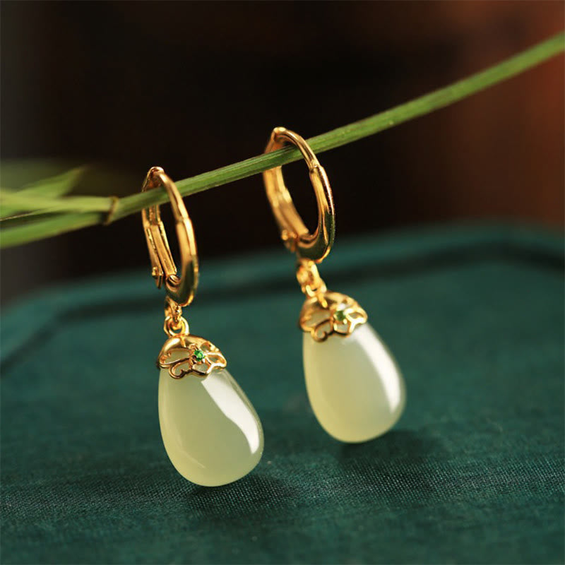 Buddha Stones Green Chalcedony Water Drop Strength Copper Posts Earrings - image 7