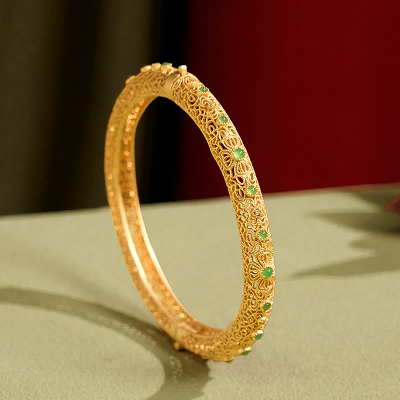 Buddha Stones Hollow Filigree Design Copper Plated Gold Wealth Bracelet Bangle - 60 mm - image 1