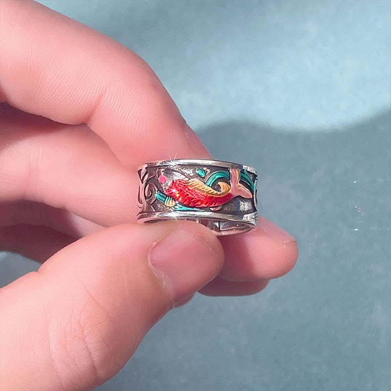 Buddha Stones Blue Enamel Koi Fish Heart Sutra Success Ring - image 4