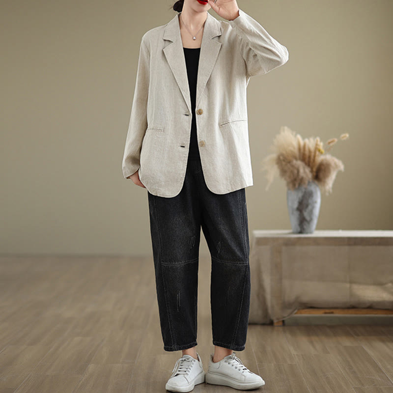 Buddha Stones Spring Casual Solid Color Long Sleeve Cotton Linen Women's Jacket With Pockets - image 4
