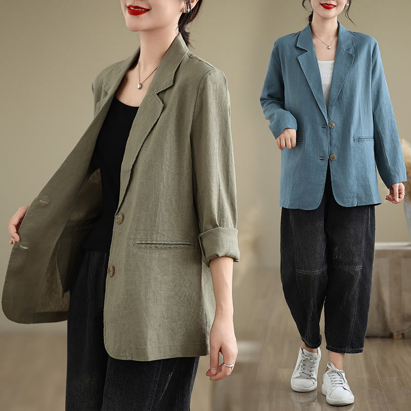 Buddha Stones Spring Casual Solid Color Long Sleeve Cotton Linen Women's Jacket With Pockets - image 35