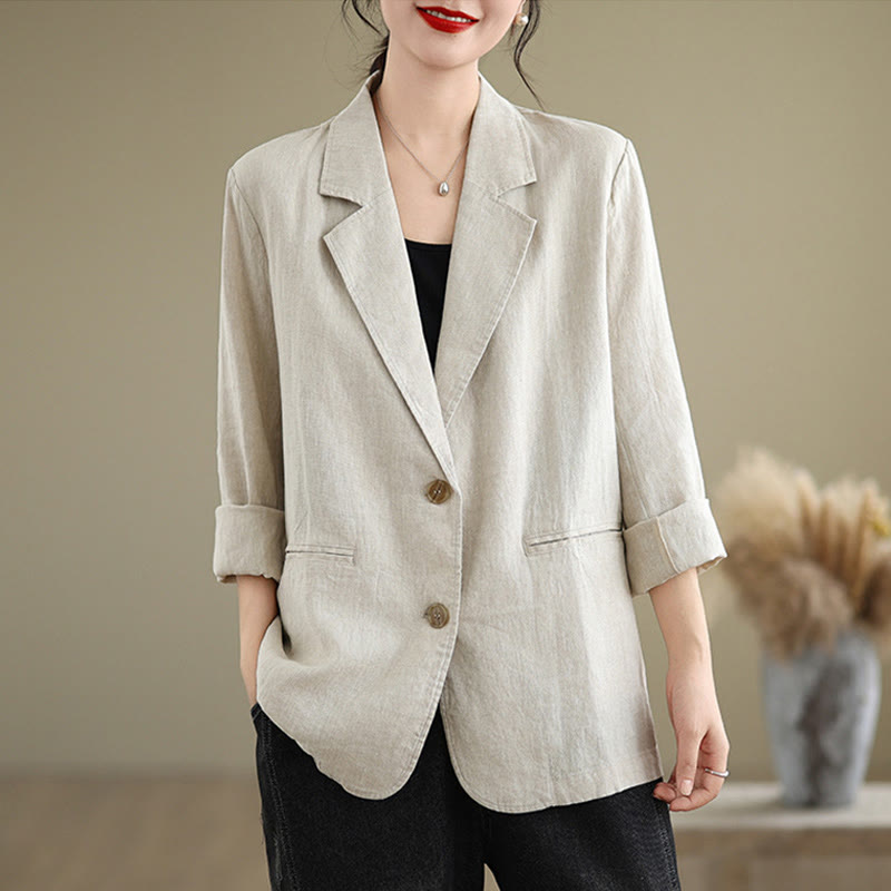 Buddha Stones Spring Casual Solid Color Long Sleeve Cotton Linen Women's Jacket With Pockets - Beige - US8-10,UK/AU12-14,EU40-42 (2XL) - image 1