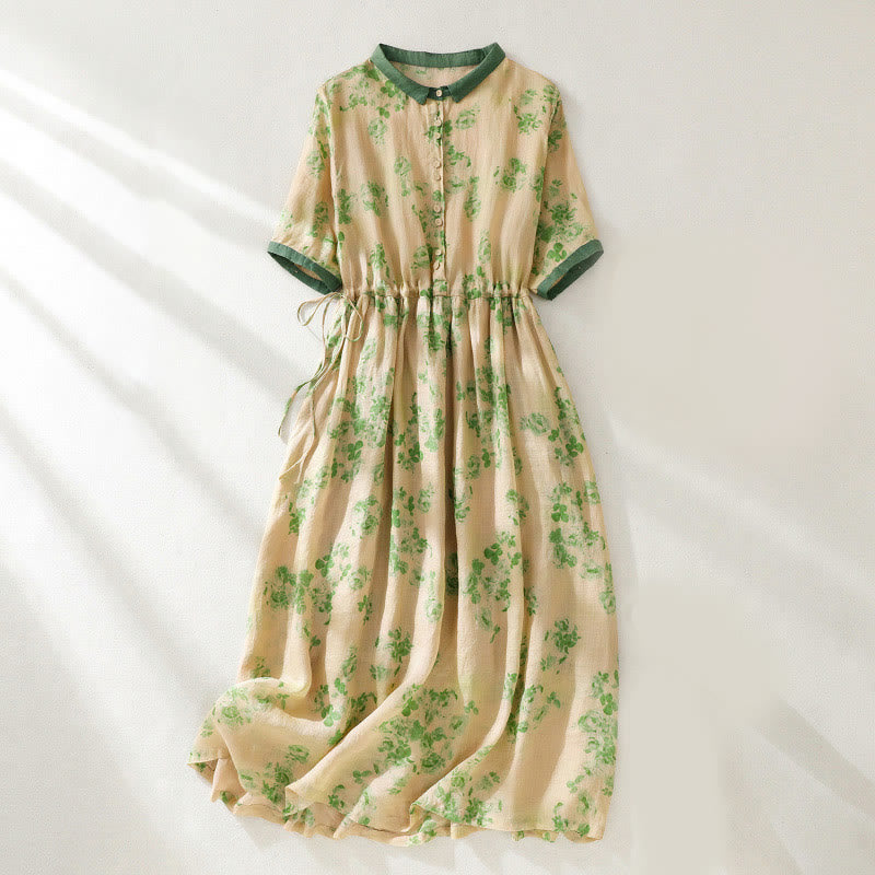 Buddha Stones Printing Buttons Drawstring High Waist Short Sleeve Midi Dress With Pockets - LightGoldenrodYellow - US8-10,UK/AU12-14,EU40-42 (2XL) - image 7