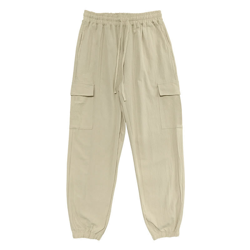 Buddha Stones Solid Color Linen Drawstring Men's Cargo Pants With Pockets - Wheat - US/UK/AU46,EU56 (3XL) - image 22