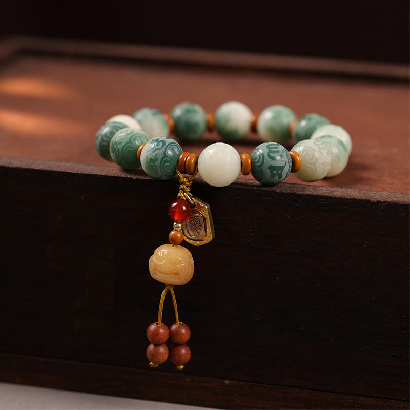 Buddha Stones Gradient Bodhi Seed Om Mani Padme Hum Carved Zakiram Peace Bracelet - Bodhi Seed & Zakiram(Wrist Circumference:15-16cm) - image 1