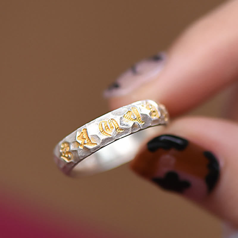 Buddha Stones Hammer Pattern Om Mani Padme Hum Copper Plated Silver Wealth Ring - image 18