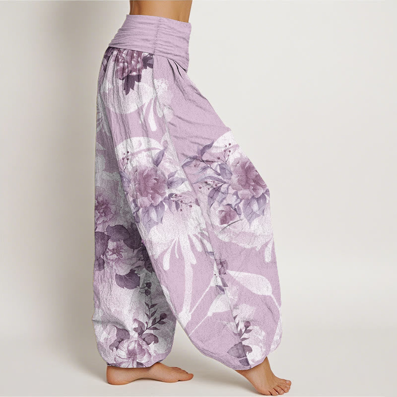 Buddha Stones Pure Cotton Flowers White Leaves Women's Elastic Waist Harem Pants - image 10