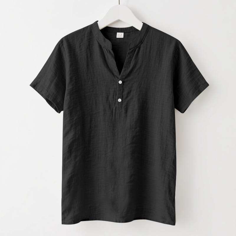 Buddha Stones Solid Summer Short Sleeve Half Buttons Linen Men's Shirt - Black - US/UK/AU46,EU56 (3XL) - image 1