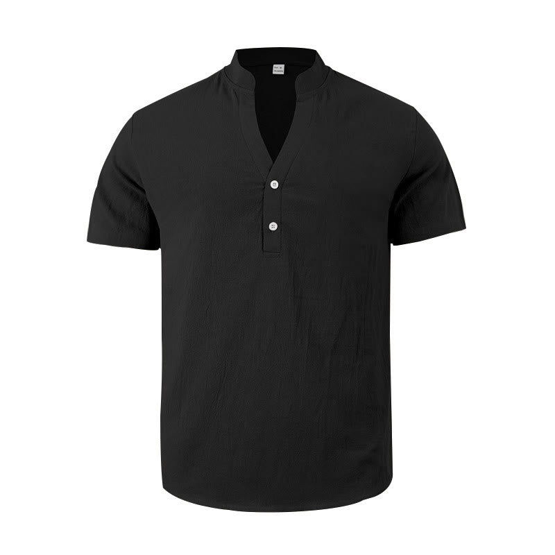 Buddha Stones Solid Summer Short Sleeve Half Buttons Linen Men's Shirt - image 2