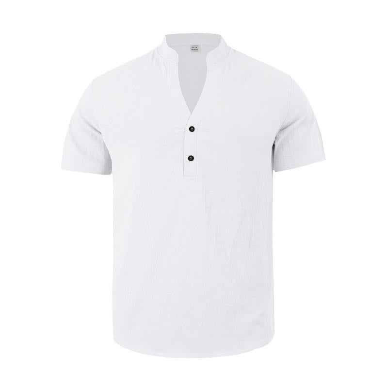 Buddha Stones Solid Summer Short Sleeve Half Buttons Linen Men's Shirt - image 8