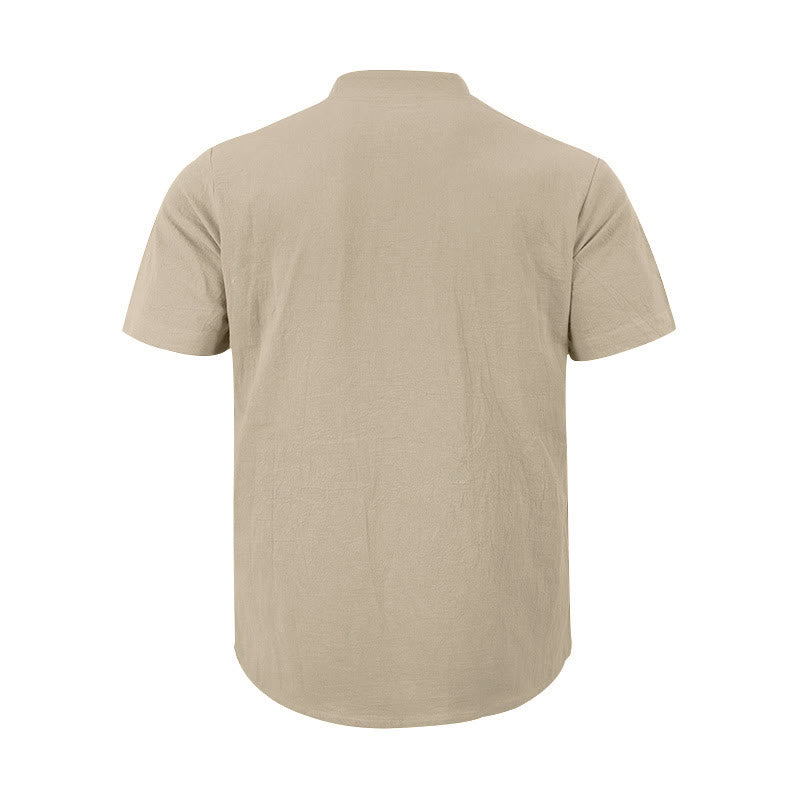 Buddha Stones Solid Summer Short Sleeve Half Buttons Linen Men's Shirt - image 15