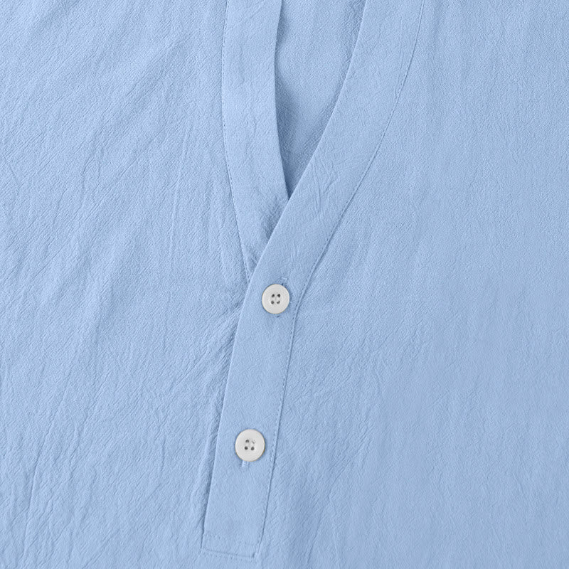 Buddha Stones Solid Summer Short Sleeve Half Buttons Linen Men's Shirt - image 22