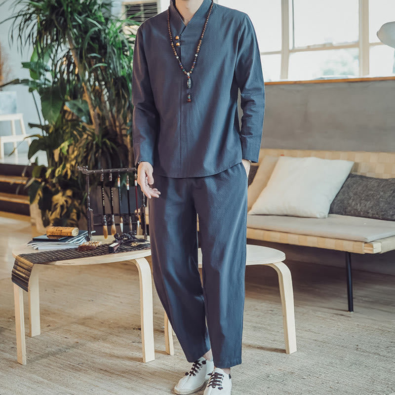 Buddha Stones 2Pcs Shirt Ankle-Length Pants With Pockets Men's Meditation Cloth Set - SteelBlue - US/UK/AU44,EU54 (5XL) - image 34