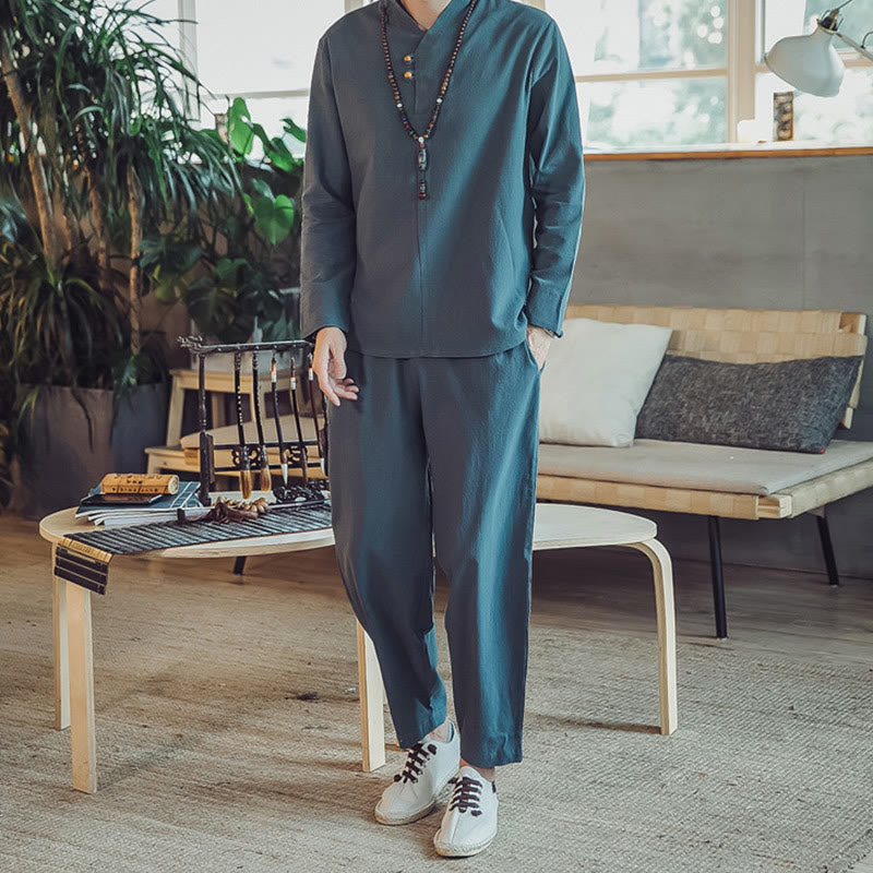 Buddha Stones 2Pcs Shirt Ankle-Length Pants With Pockets Men's Meditation Cloth Set - Teal - US/UK/AU44,EU54 (5XL) - image 18