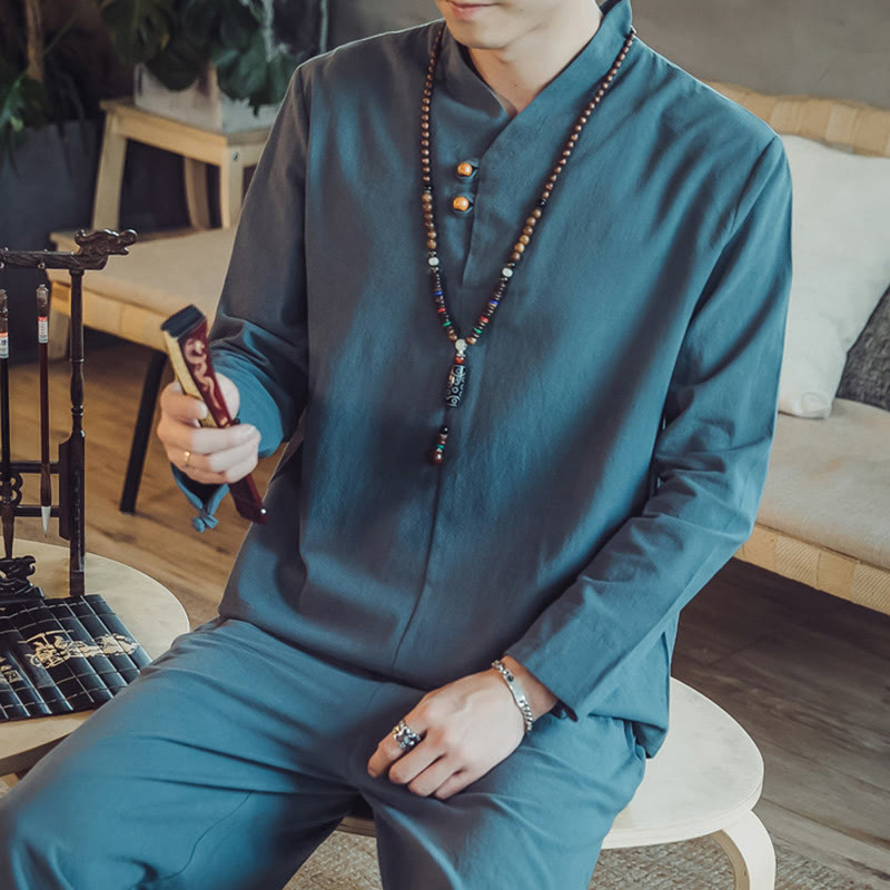 Buddha Stones 2Pcs Shirt Ankle-Length Pants With Pockets Men's Meditation Cloth Set - image 25