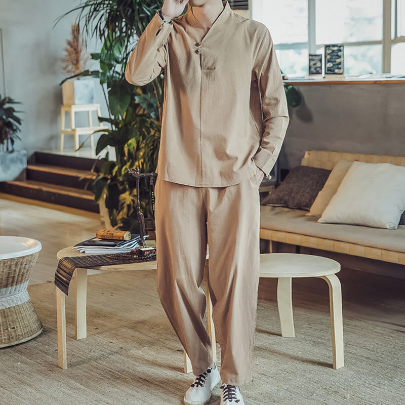 Buddha Stones 2Pcs Shirt Ankle-Length Pants With Pockets Men's Meditation Cloth Set - image 27