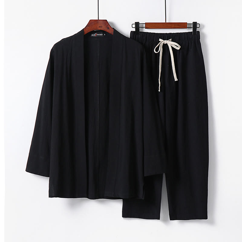 Buddha Stones 2Pcs Cotton Kimono Ankle-Length Pants Men's Meditation Cloth Set - Black - US/UK/AU54,EU64 (9XL) - image 6