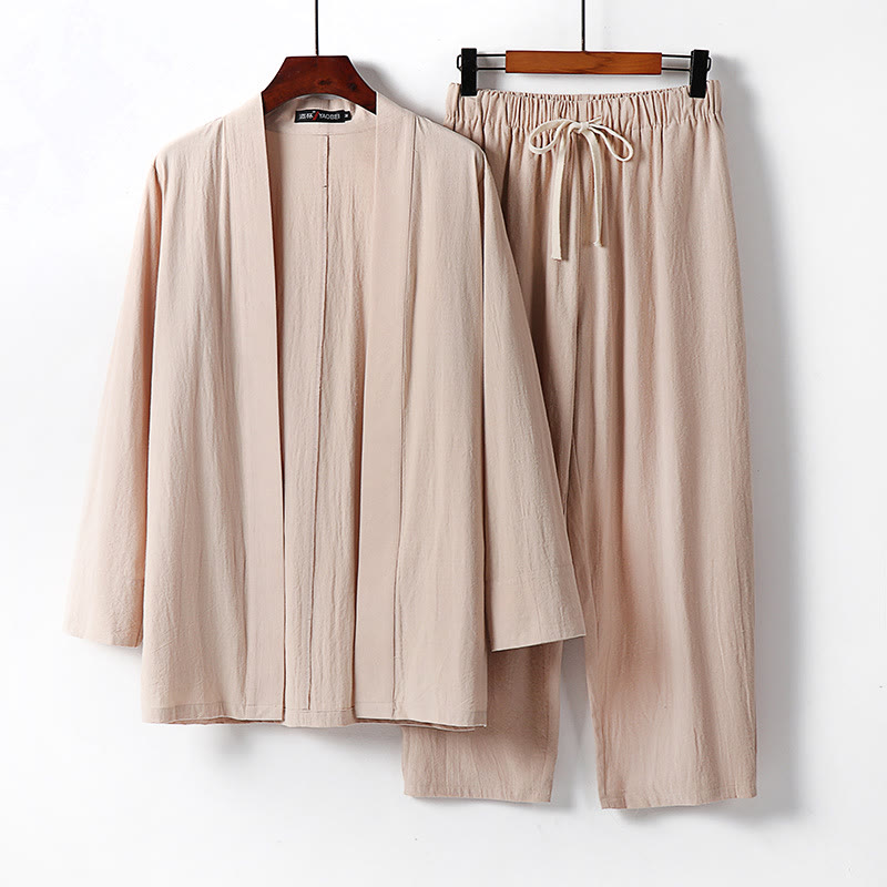 Buddha Stones 2Pcs Cotton Kimono Ankle-Length Pants Men's Meditation Cloth Set - Wheat - US/UK/AU54,EU64 (9XL) - image 9