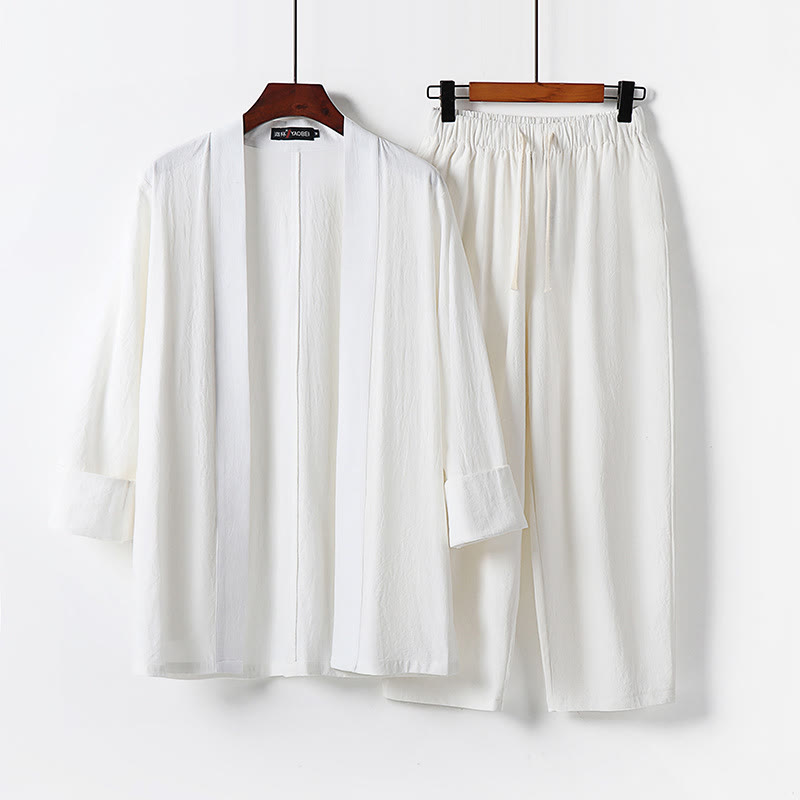 Buddha Stones 2Pcs Cotton Kimono Ankle-Length Pants Men's Meditation Cloth Set - White - US/UK/AU54,EU64 (9XL) - image 2
