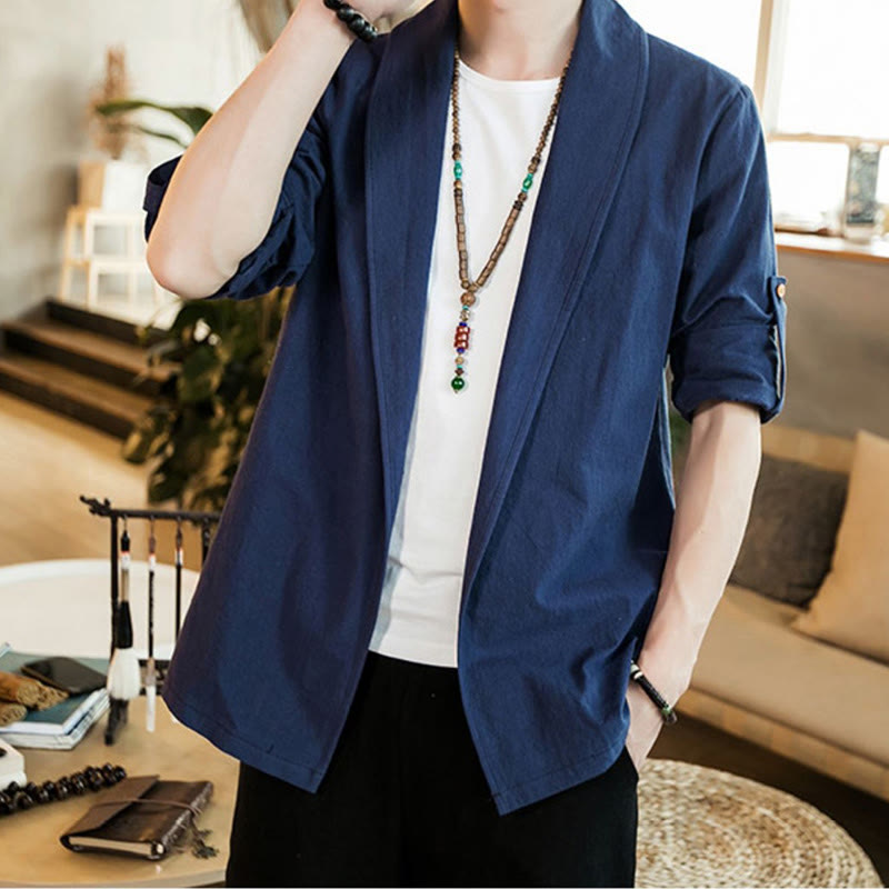 Buddha Stones Vintage Plain Lapel Open Front Jacket Cotton Men's Kimono - SteelBlue - US/UK/AU46,EU56 (5XL) - image 0