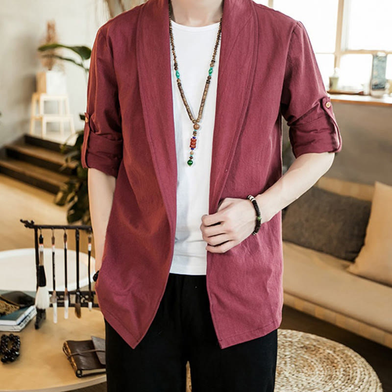 Buddha Stones Vintage Plain Lapel Open Front Jacket Cotton Men's Kimono - IndianRed - US/UK/AU46,EU56 (5XL) - image 20