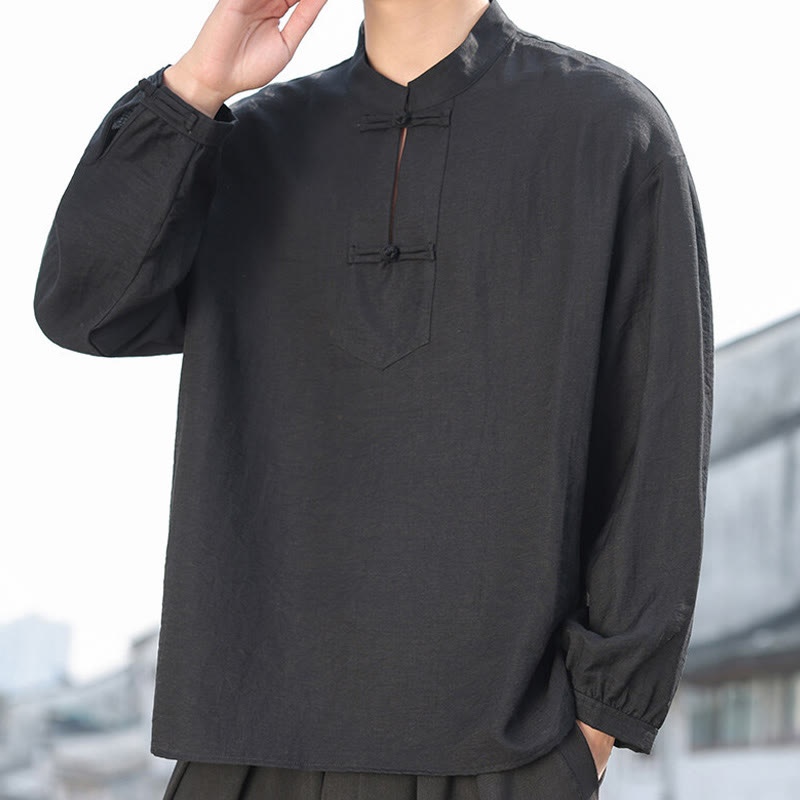 Buddha Stones Two Frog-Button Stand Collar Long Sleeve Men's Cotton Shirt - Black - US/UK/AU48,EU58(5XL) - image 0