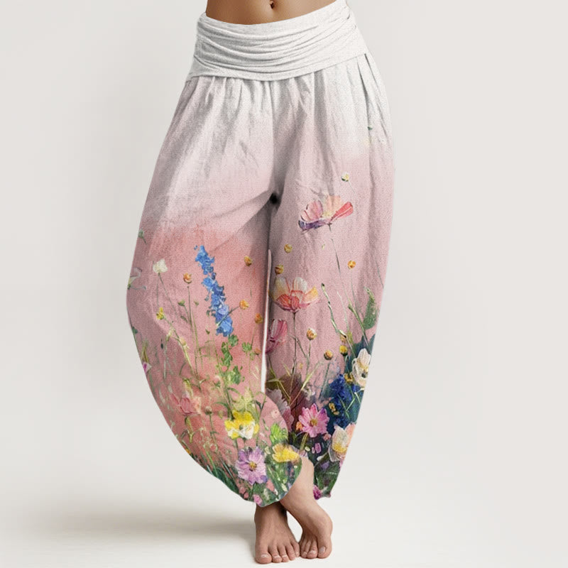 Buddha Stones Cotton Casual Watercolor Style Floral Pattern Women's Elastic Waist Harem Pants - Pink - US22,UK/AU26,EU54 (6XL) - image 0