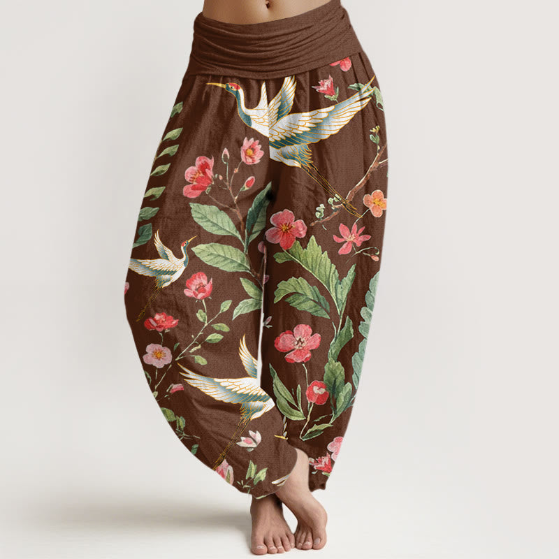 Buddha Stones Cotton Casual Red Flowers Crane Pattern Women's Elastic Waist Harem Pants - SaddleBrown - US22,UK/AU26,EU54 (6XL) - image 4