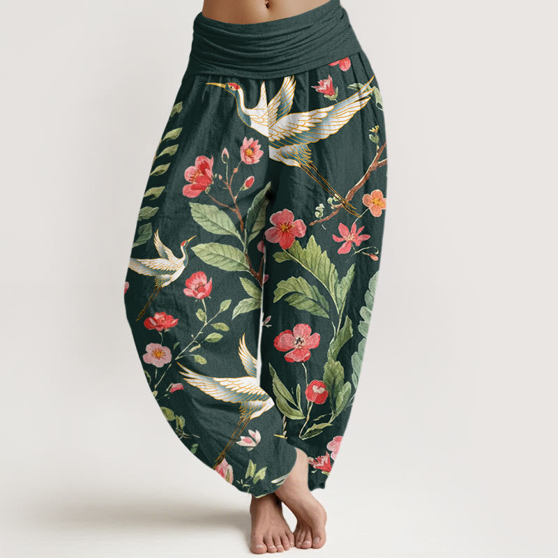 Buddha Stones Cotton Casual Red Flowers Crane Pattern Women's Elastic Waist Harem Pants - DarkGreen - US22,UK/AU26,EU54 (6XL) - image 7