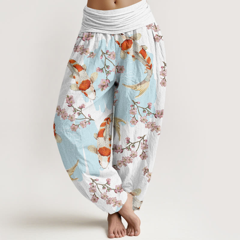 Buddha Stones Cotton Casual Koi Fish Cherry Blossom Pattern Women's Elastic Waist Harem Pants - White - US22,UK/AU26,EU54 (6XL) - image 0