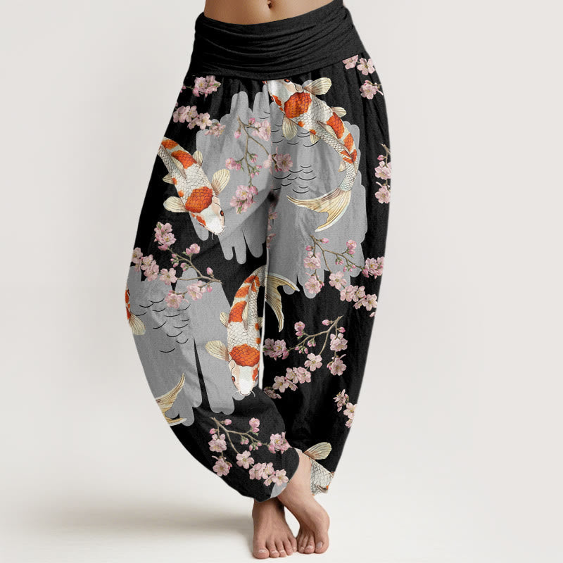 Buddha Stones Cotton Casual Koi Fish Cherry Blossom Pattern Women's Elastic Waist Harem Pants - Black - US22,UK/AU26,EU54 (6XL) - image 4