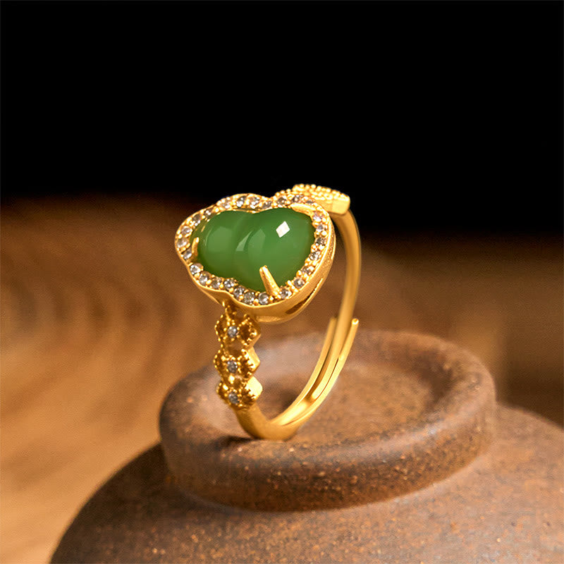 Buddha Stones Vintage Gourd Green Chalcedony Copper Plated Gold Adjustable Wealth Ring - image 2