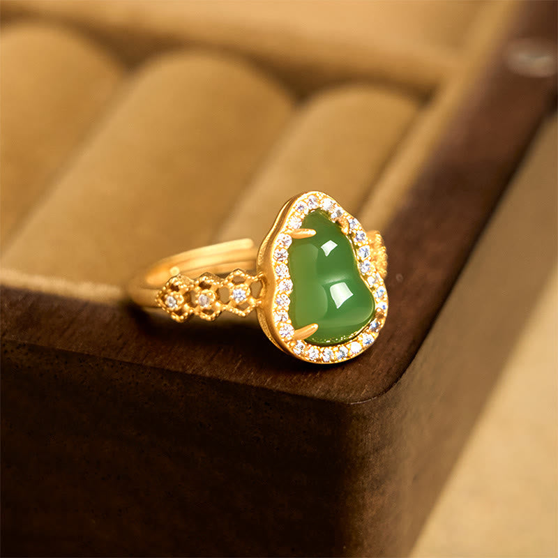 Buddha Stones Vintage Gourd Green Chalcedony Copper Plated Gold Adjustable Wealth Ring - image 4