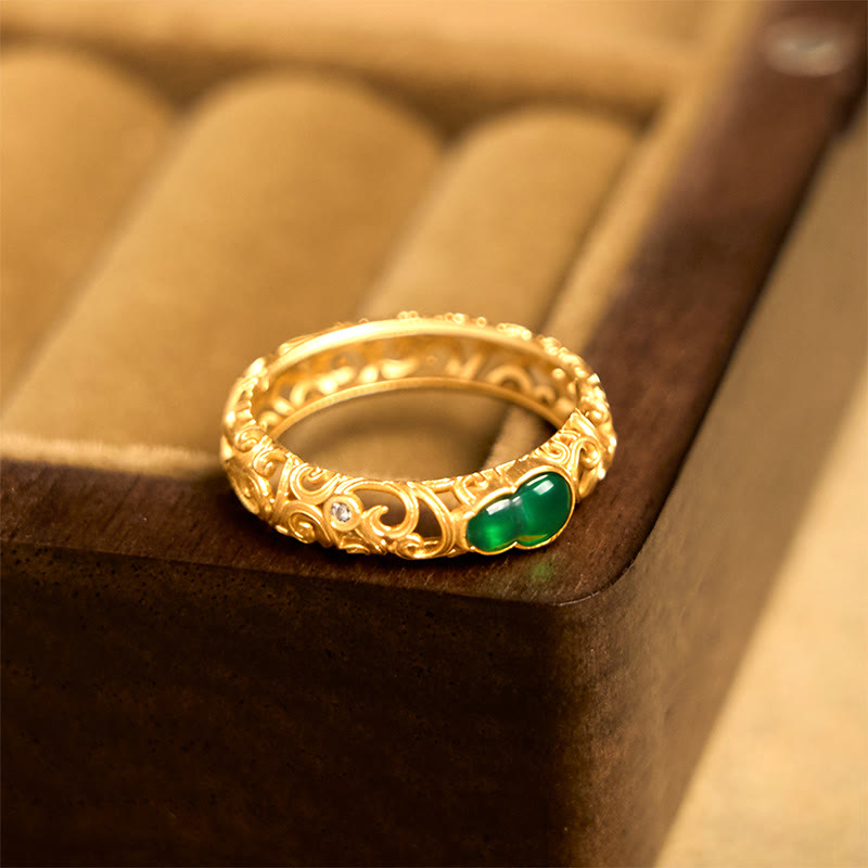 Buddha Stones Vintage Gourd Green Chalcedony Copper Alloy Wealth Ring - image 3