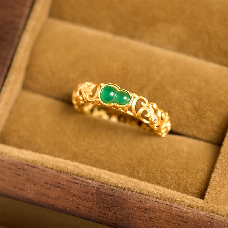 Buddha Stones Vintage Gourd Green Chalcedony Copper Alloy Wealth Ring - image 2