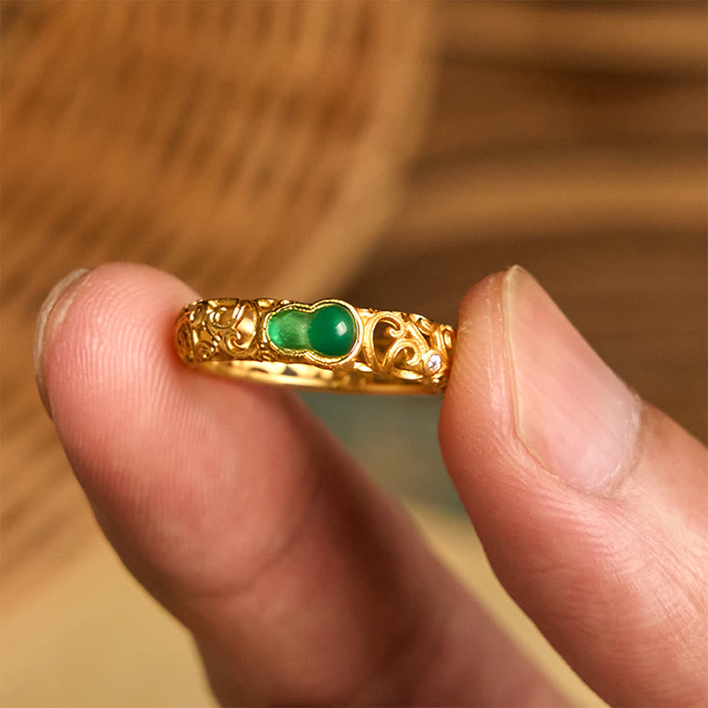 Buddha Stones Vintage Gourd Green Chalcedony Copper Alloy Wealth Ring - image 10