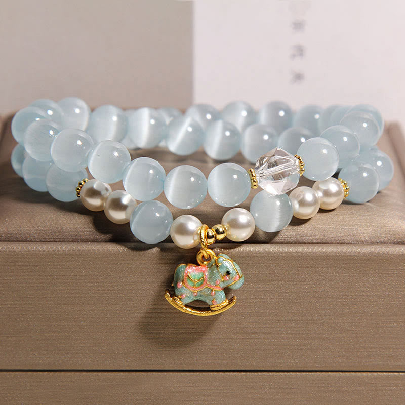 Buddha Stones Blue Cat Eye Trojan Horse Charm Support Double Wrap Bracelet - Cat's Eye(Wrist Circumference 14-15cm) - image 1