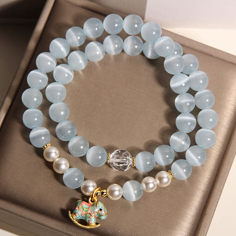 Buddha Stones Blue Cat Eye Trojan Horse Charm Support Double Wrap Bracelet - image 3